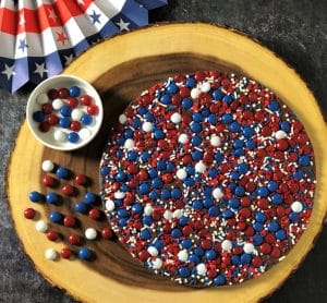 Fourth of July Chocolate Pizza with red white blue candy