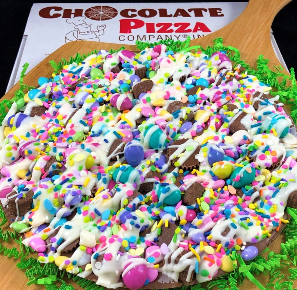 Easter avalanche Chocolate Pizza with pastel candy