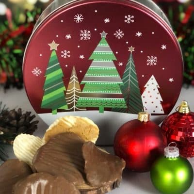 Peanut Butter Wings in festive tree tin