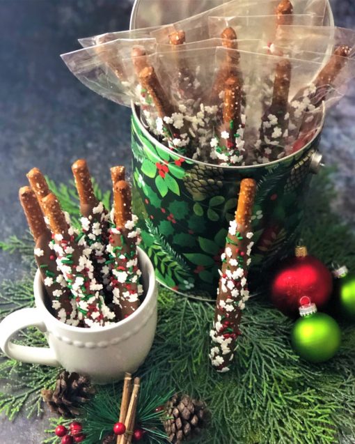 Holiday Chocolate Dipped Pretzel Rods Tin 20 Ct