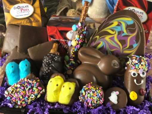 close up of chocolate treats, bunny, egg, peeps