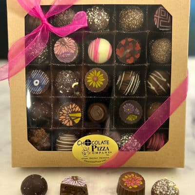 25 count chocolate truffles in box with pink bow