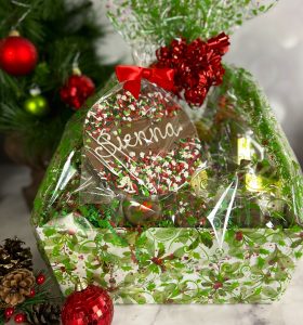 custom ornament on a gift basket