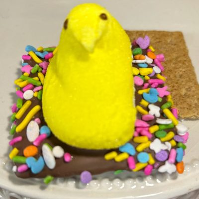 marshmallow peep on chocolate covered graham cracker